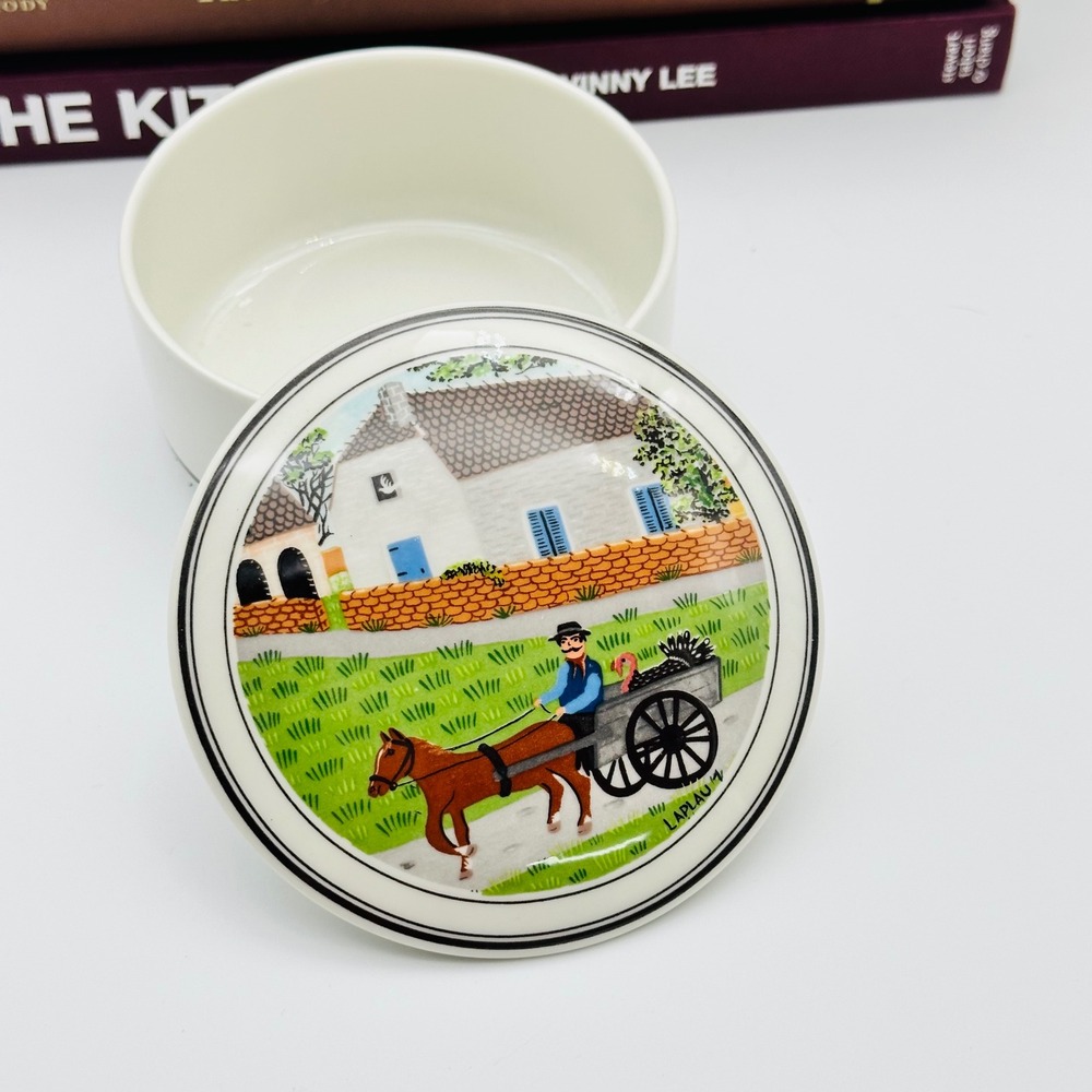 Vintage Villeroy & Boch Design Naif Trinket Box Laplau Folk Art Horse Cart 3.75"